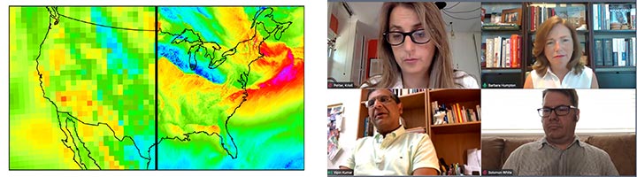 Image on the left is a U.S. map with bright colors showing a climate forecast. One side looks fuzzy and one side is sharper, showing the enhancement that a machine learning technique can have on climate data. Image on the right is four people each in their homes during a video call.