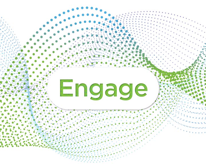 The cover of the JISEA annual report, which has the word Engage in green text with blue and green small dots in waves in the background symbolizing movement and collaboration.